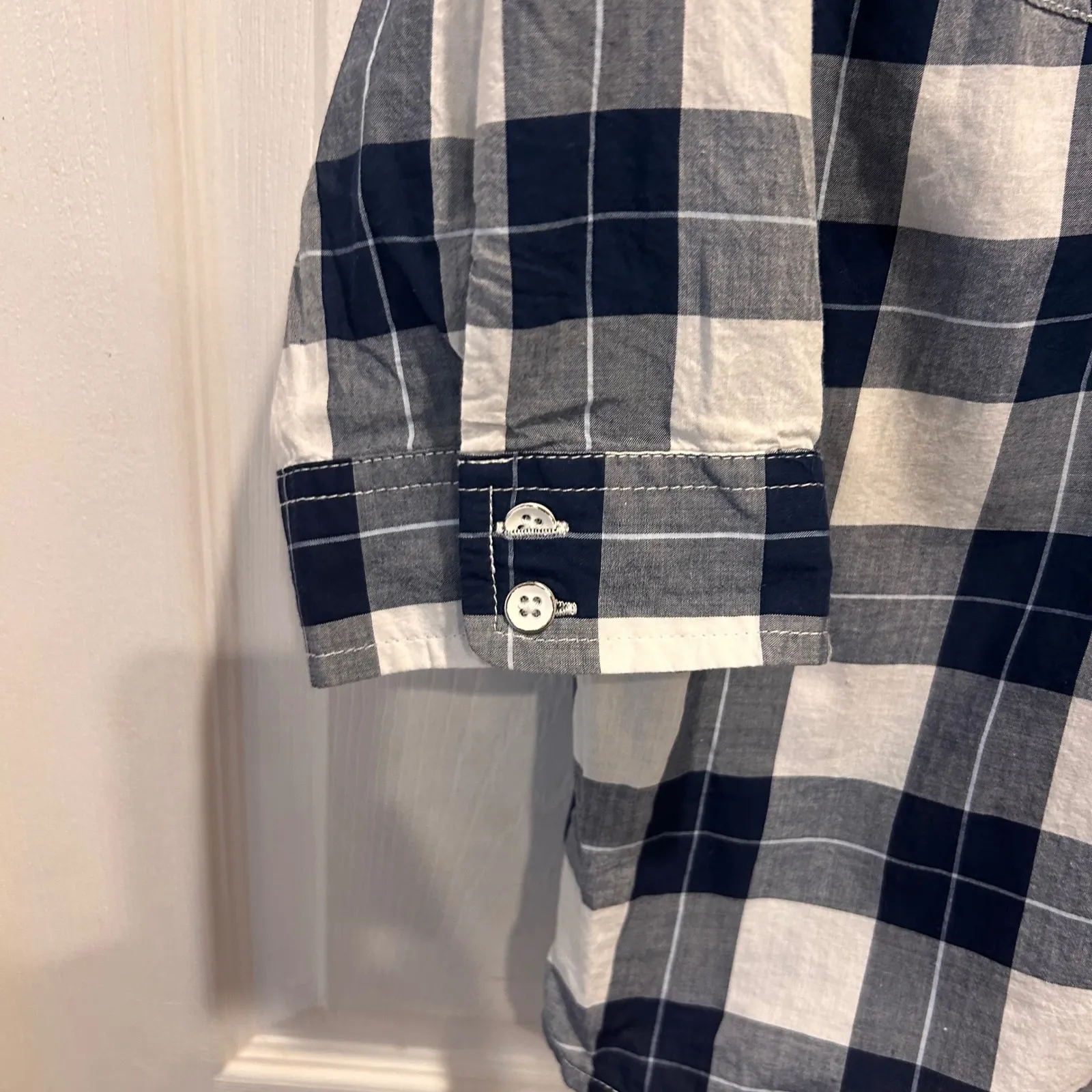 Sonoma Women's Blue White Plaid 3/4‎ Sleeve Button Down Shirt Top Large Gorpcore - Image 2