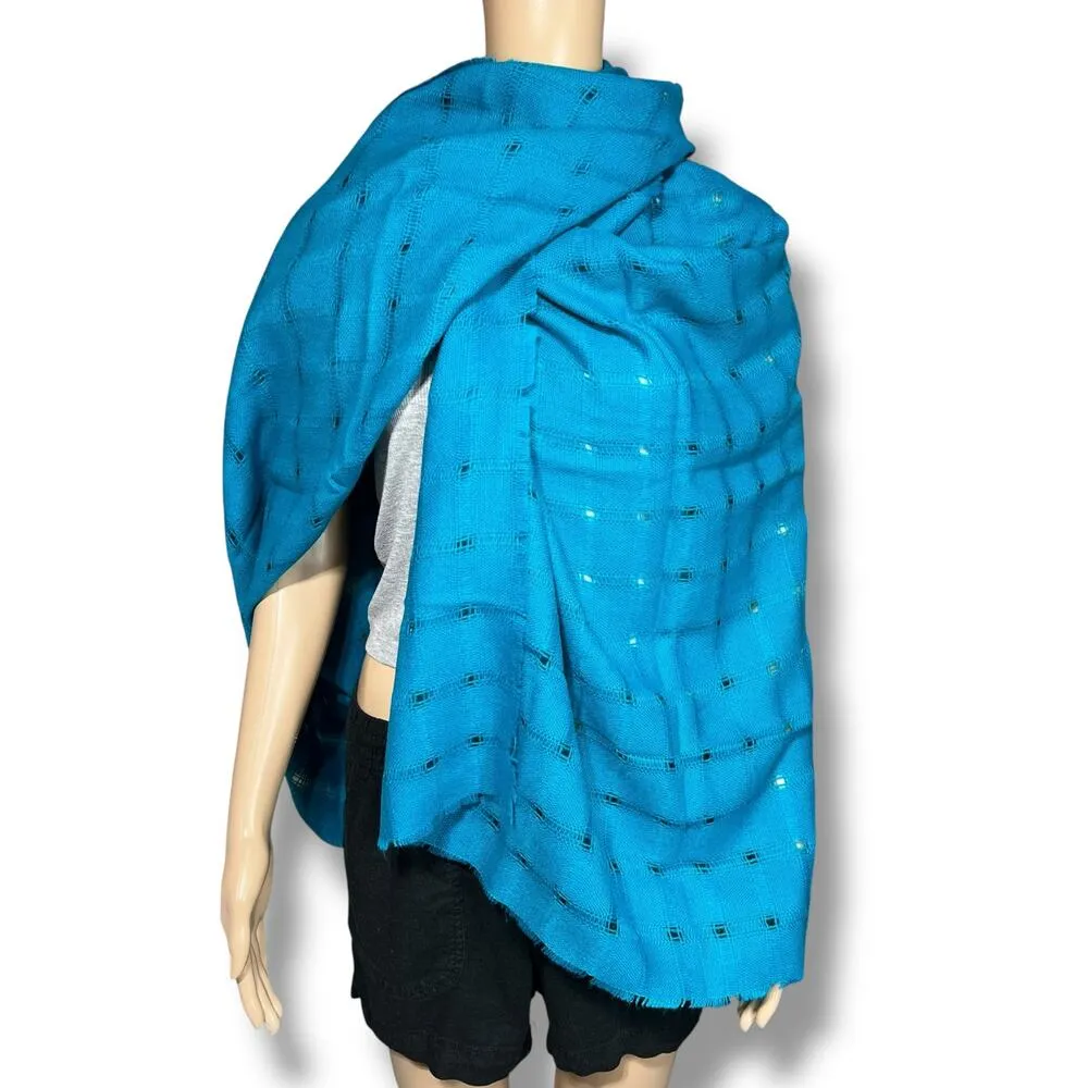 Womens Large Oversized Woven Scarf with Fringe Turquoise Teal - Image 3