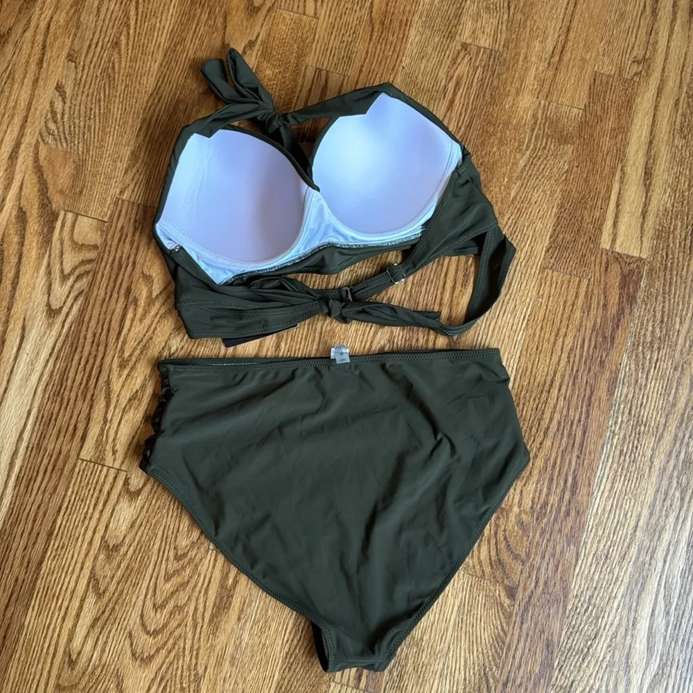 Tempt Me Two Piece Vintage Swimsuit Halter Ruched High Waist Bikini with Bottom Green Size XXL - Image 5