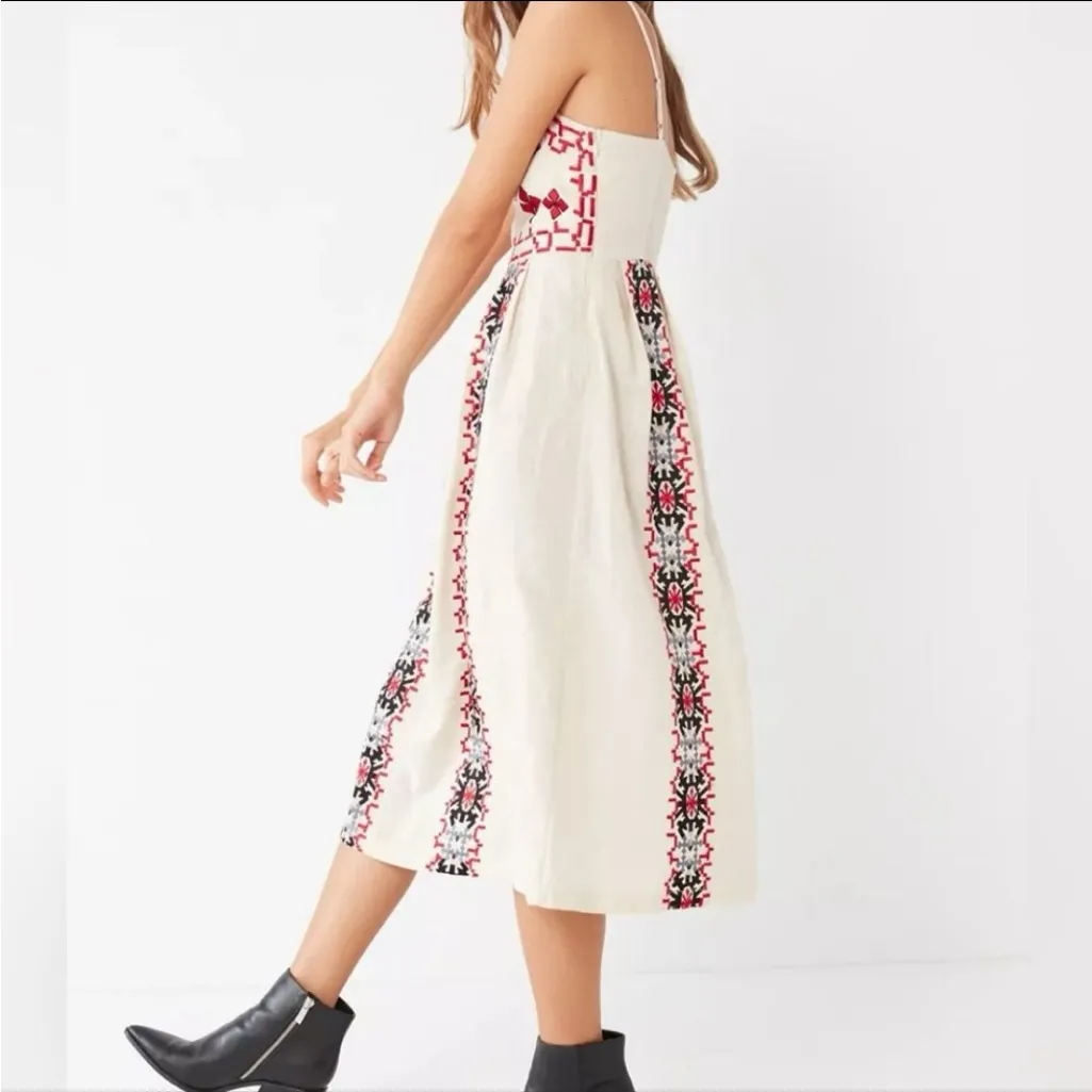 Urban Outfitters Cream, Red and Black Embroidered Midi Dress - Image 5