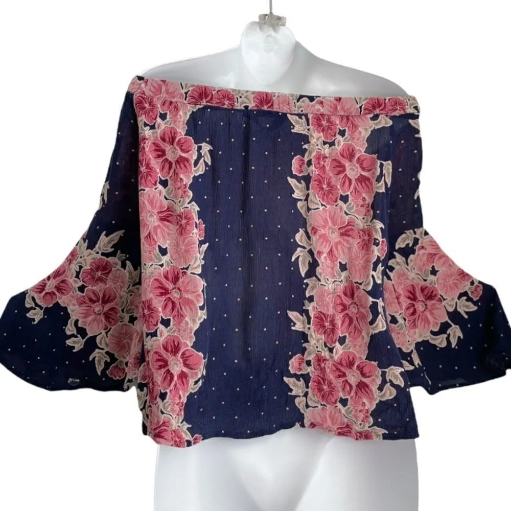 Francesca Floral Polka Dot Off Shoulder Batwing Top Blue Size M - Image 3