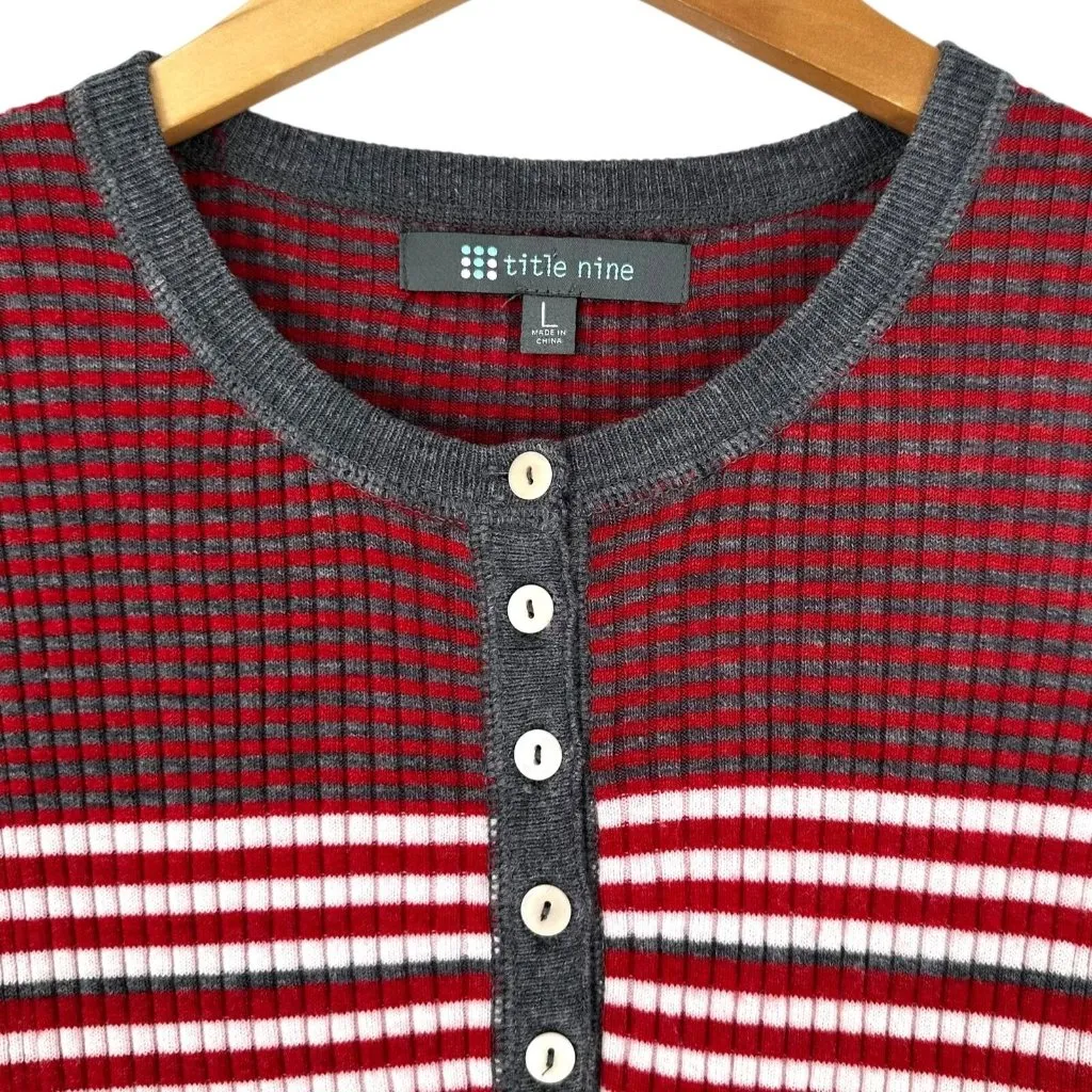 Title Nine Red and Gray Striped Merino Wool Knit Henley Top Size Large - Image 2