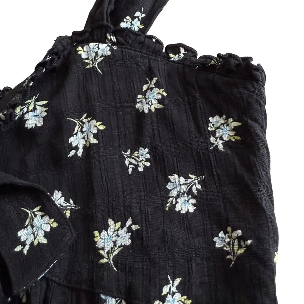 American Eagle Womens Top Sz L Smocked Tank Cropped Black Blue Green Flowers NEW - Image 6