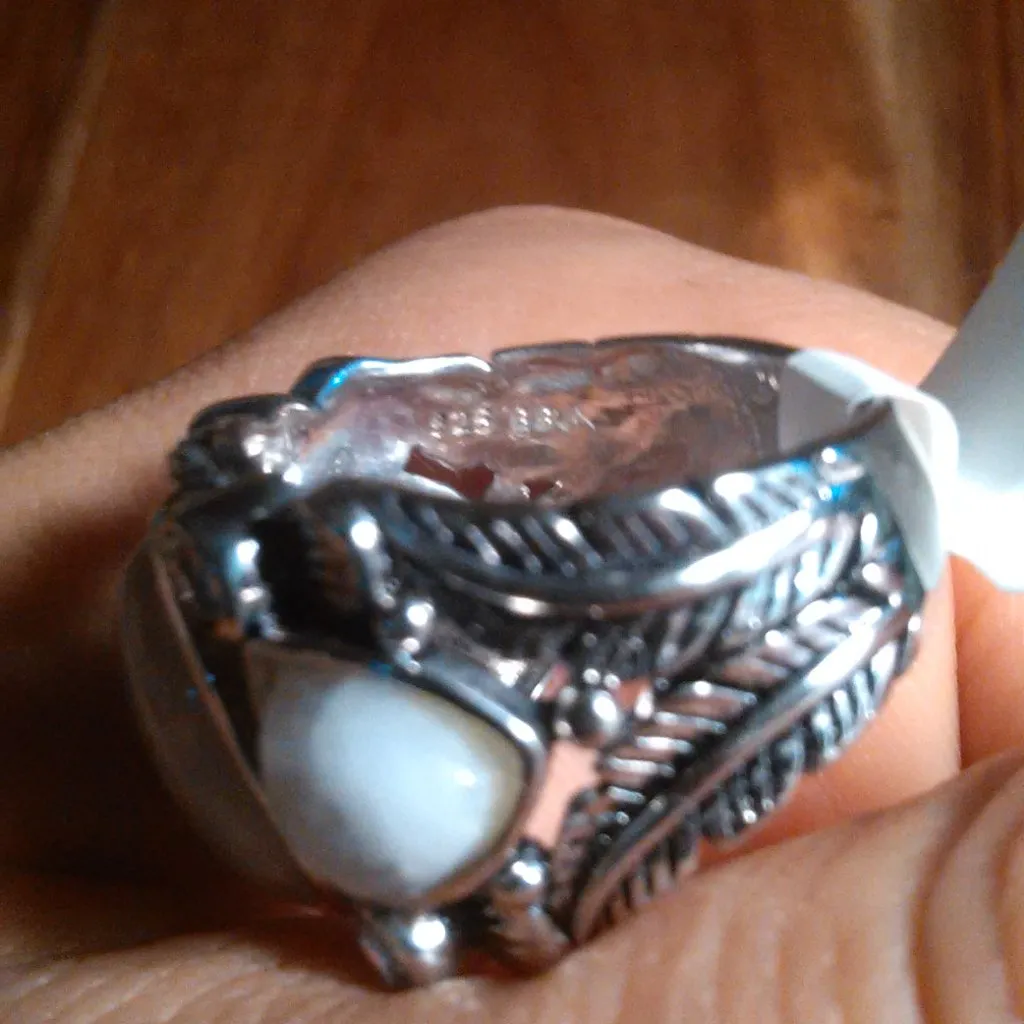 White Rainbow Moonstone Three Stone Sterling Silver Ring (Size 7) - Image 6