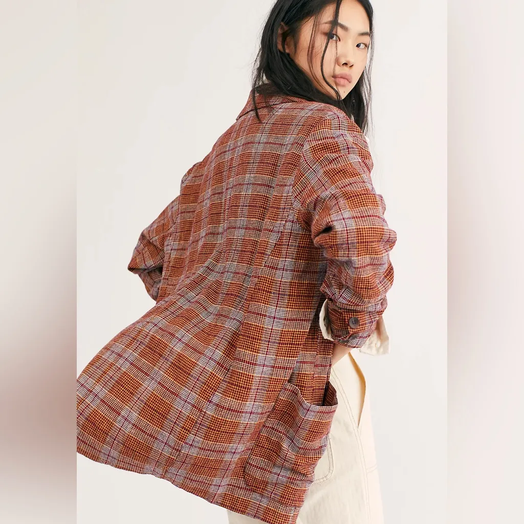 Free People Linen Blend Slouchy Simply Plaid Blazer Size Medium - Image 3