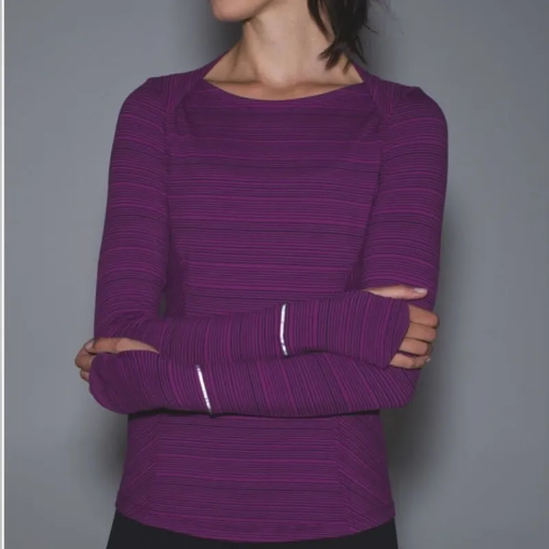 Lululemon‎ Kanto Catch Me Long Sleeve Stripe Shirt Regal Plum Naval Blue Size 4 - Image 5