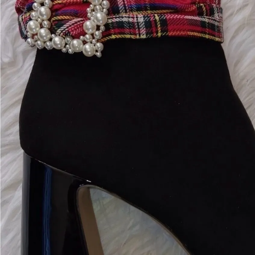 BETSEY JOHNSON Idris Dress Heel Ankle Booties Black/Red Multi Plaid-Size 9 - Image 5