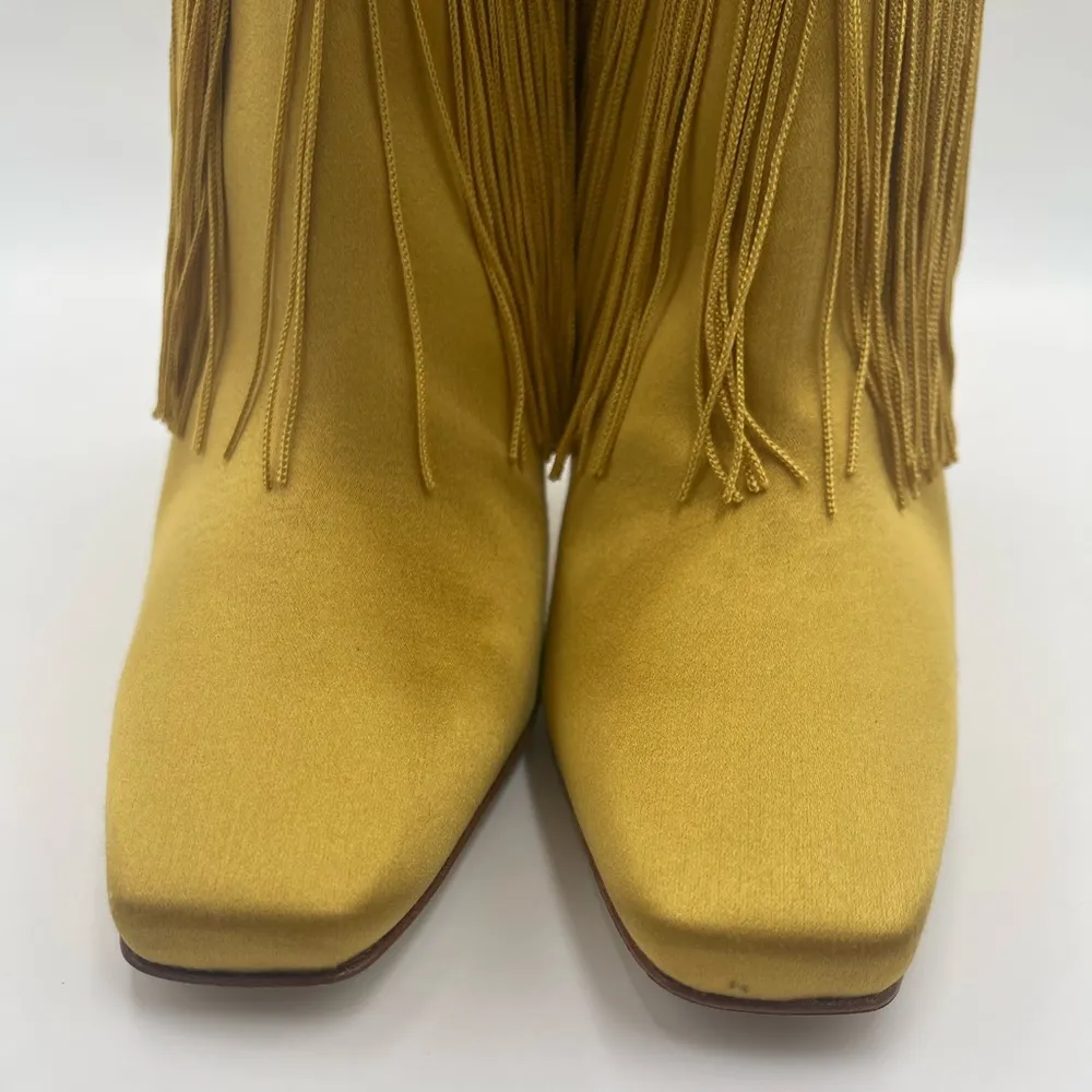 MANOLO BLAHNIK FLEQUILLOHI Yellow Satin Fringe Detail Knee High Boots 105mm - Image 11