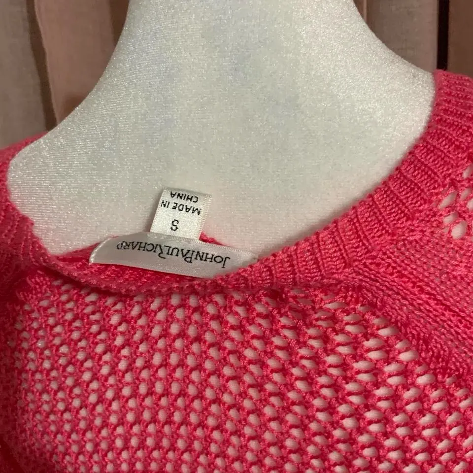 Pink Open Knit Crochet Long Sleeve Top - Image 3