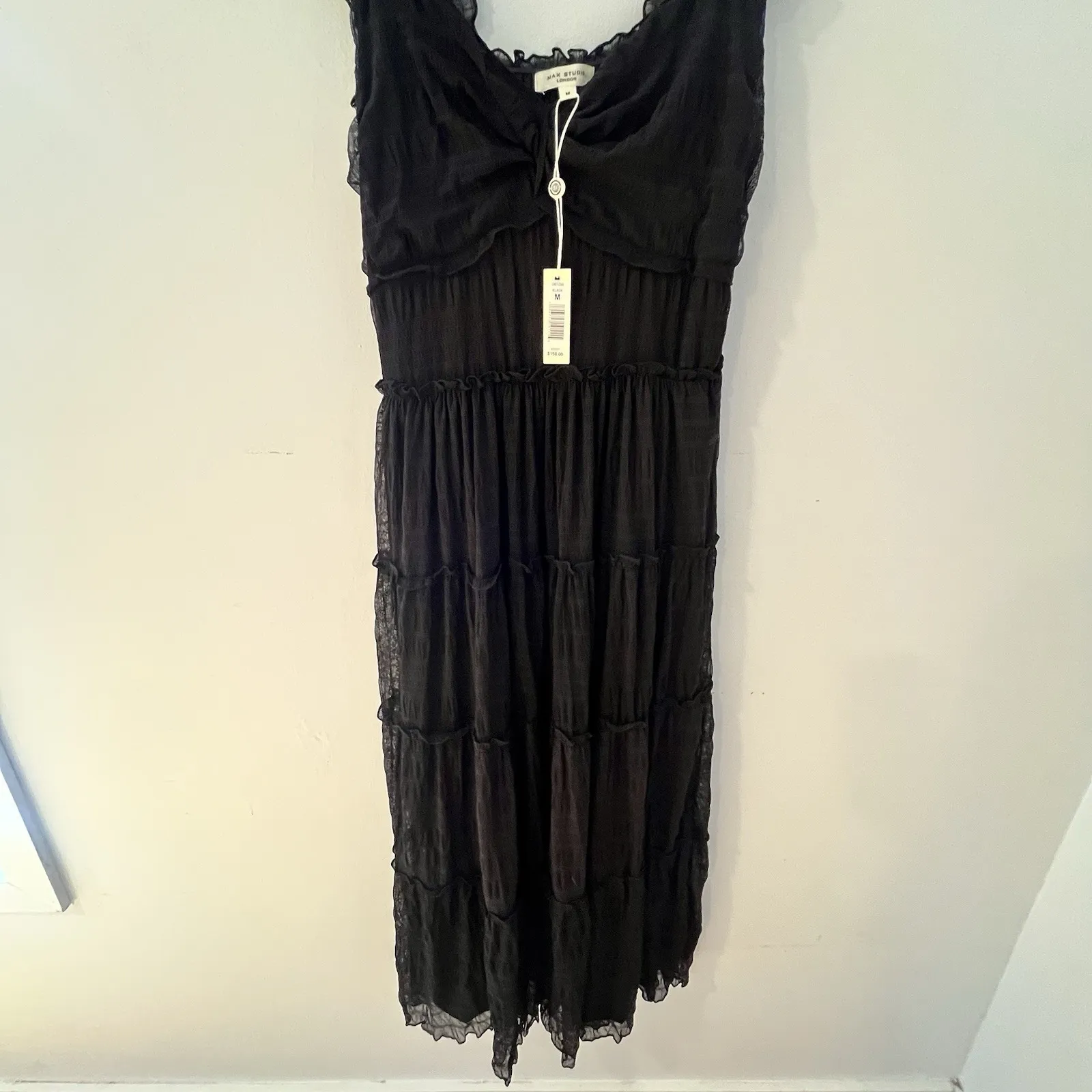 NWT Max Studio Mesh Ruffle Smocked Waist Stretchy Black Midi Dress Size M - Image 8