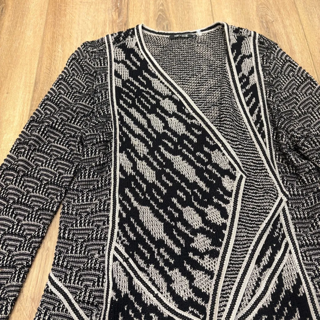 🌟NIC + ZOE🌟 BLOCKED JACQUARD KNIT OPEN FRONT SWEATER BLACK / BEIGE SZ PETITE L - Image 4