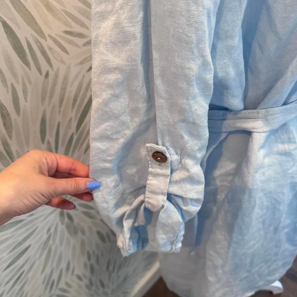 Saga Light Blue Linen Collared Belted Shirt Dress Made in Italy One‎ Size Size undefined - Image 4