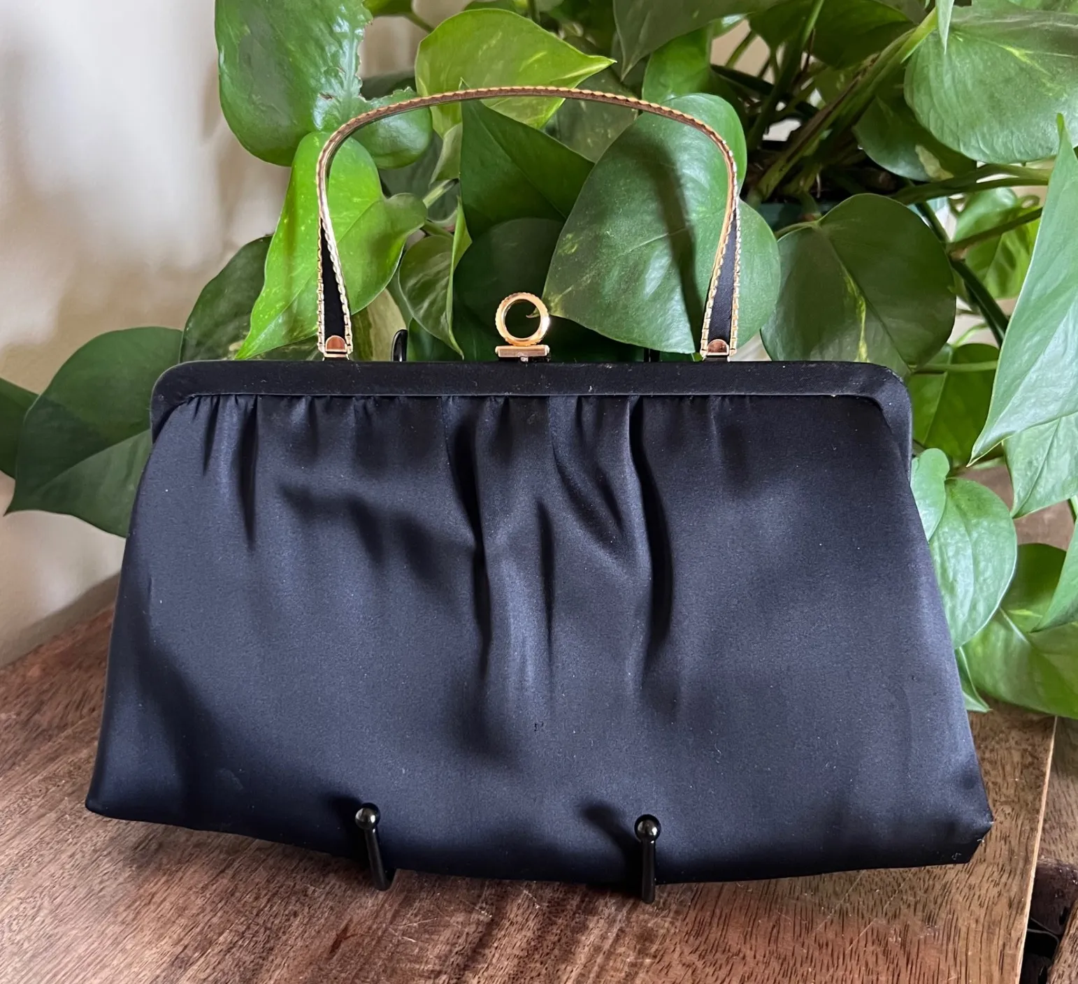 Vintage Ande Black Satin Evening Bag Gold Handle Clutch Party Purse Formal - Image 1