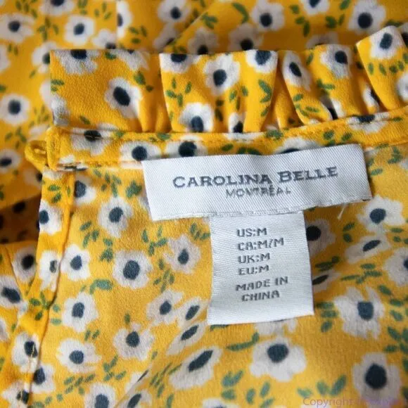 Carolina Belle yellow floral‎ print blouse ruffle crewneck, size M - Image 8