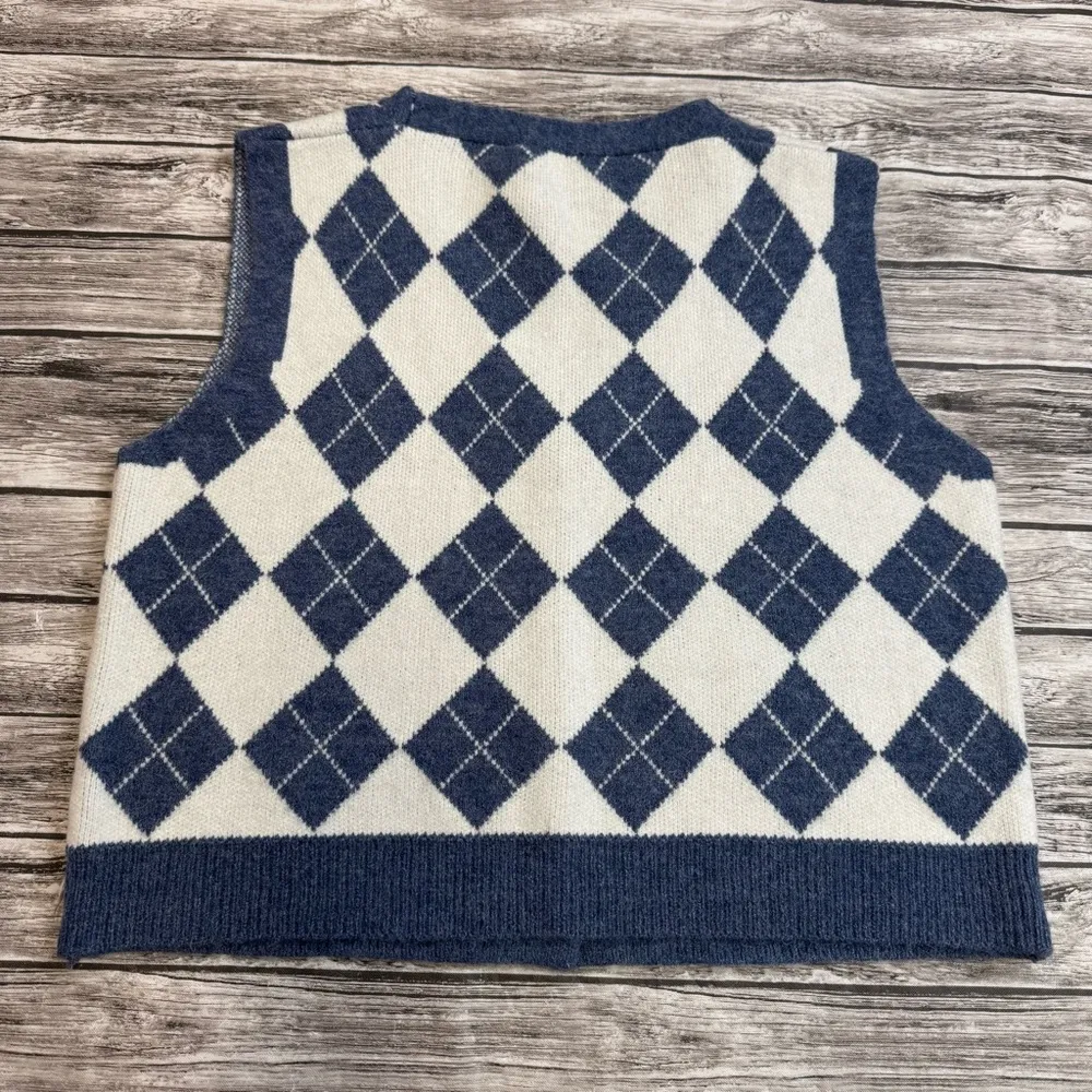 Unbranded Womens Crop Argyle Sweater Vest Blue White V Neck 4 Button L LG Large - Image 10