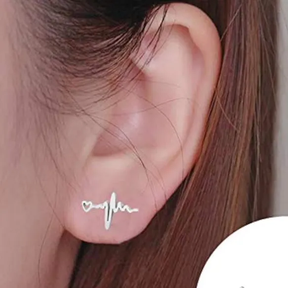 Tiny Rose Gold Heartbeat Lifeline Stud Earrings Pink - Image 4