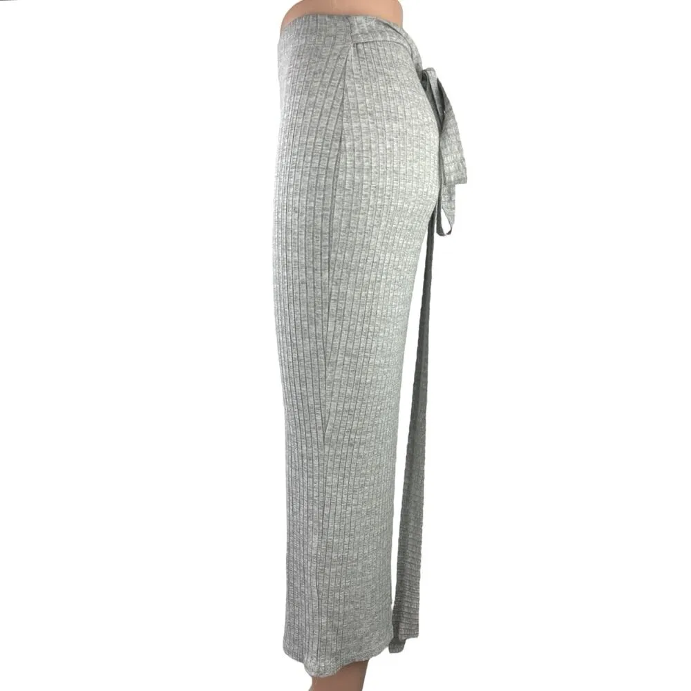 Missguided Gray Ribbed Stretch Knit Tie Waist Bodycon Pencil Midi Skirt Size 4 - Image 2