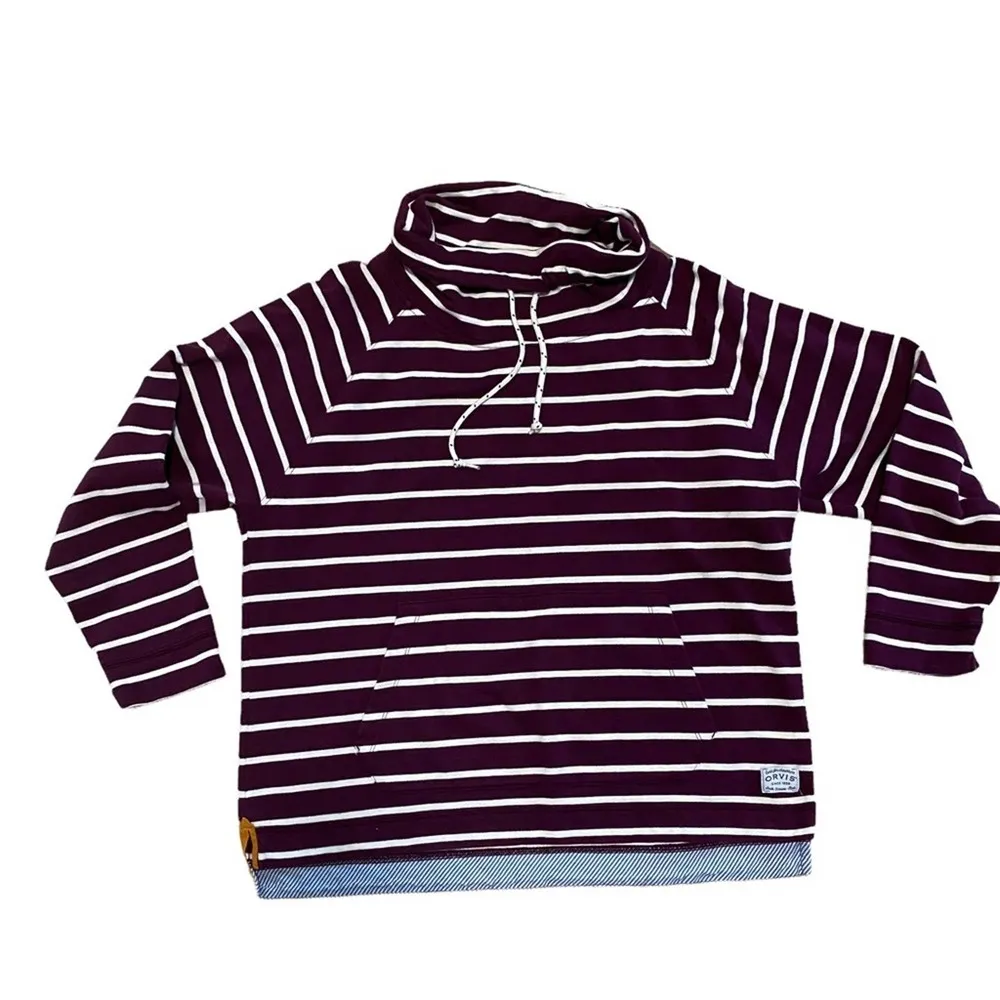 Sweatshirt Drawstring Mock neck front pouch pocket striped size large - Image 99