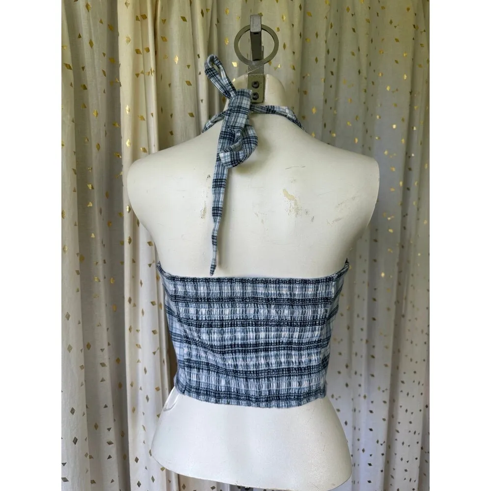 Hollister Women's Plaid Flannel Halter Self Tie Smocked Back Crop Top M - Image 5