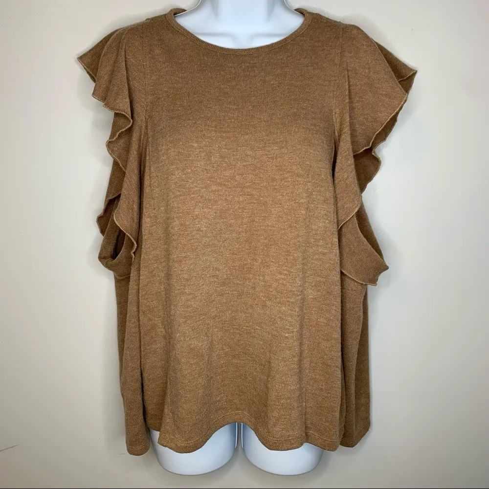 Zara Tan Long Sleeve Ruffle Cold Shoulder Sweater Size Small - Image 4