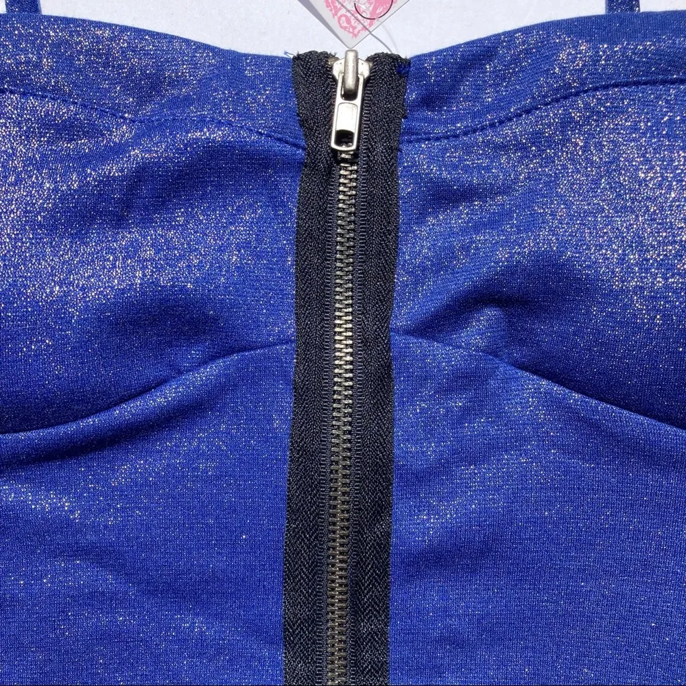 Love Culture Tank Top Large Blue Silver Shimmer Black Built In Bra Front Zip New - Image 2