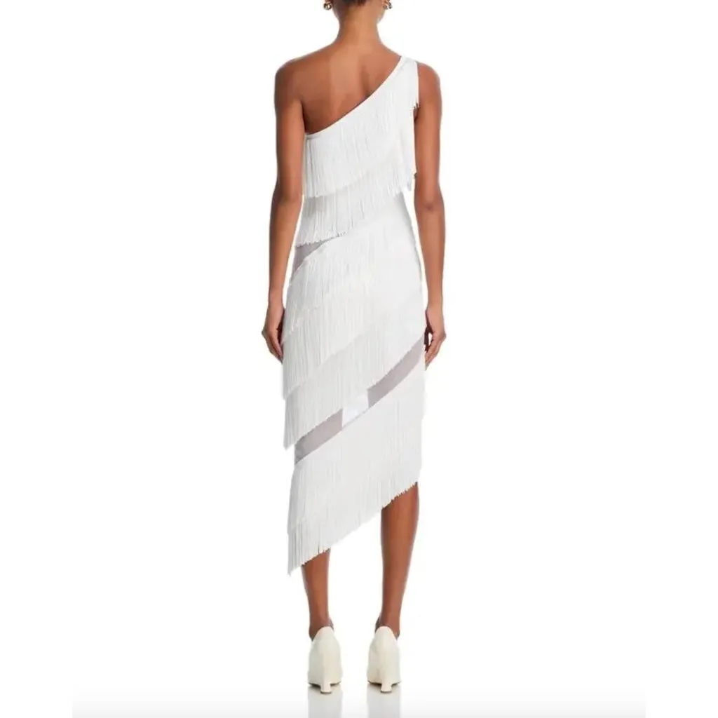 Norma Kamali Spliced One Shoulder Mid Calf Dress All Over Fringe Snow White Wome - Image 4