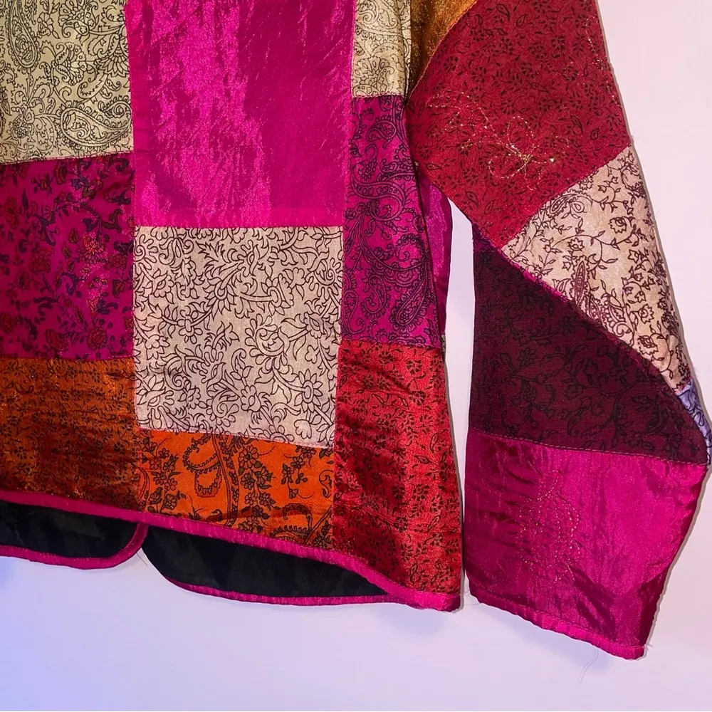 Vintage Tantrums 100% Silk Multicolor Patchwork Jacket Cardigan Blazer Size M - Image 7