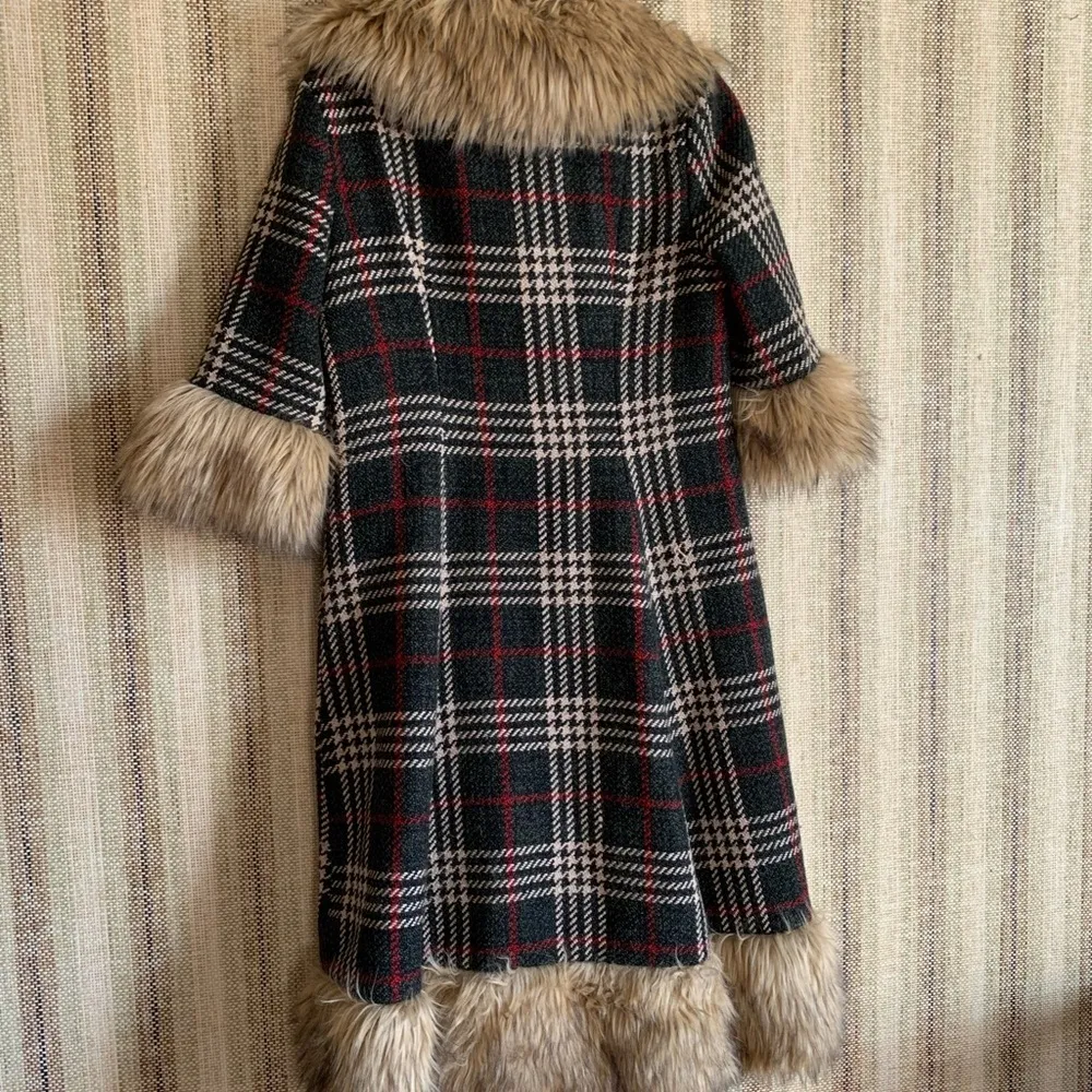 Vintage BANNED Plaid Faux Fur Trim Trench Coat Jacket Chic Fashion Designer Red Size L - Image 5
