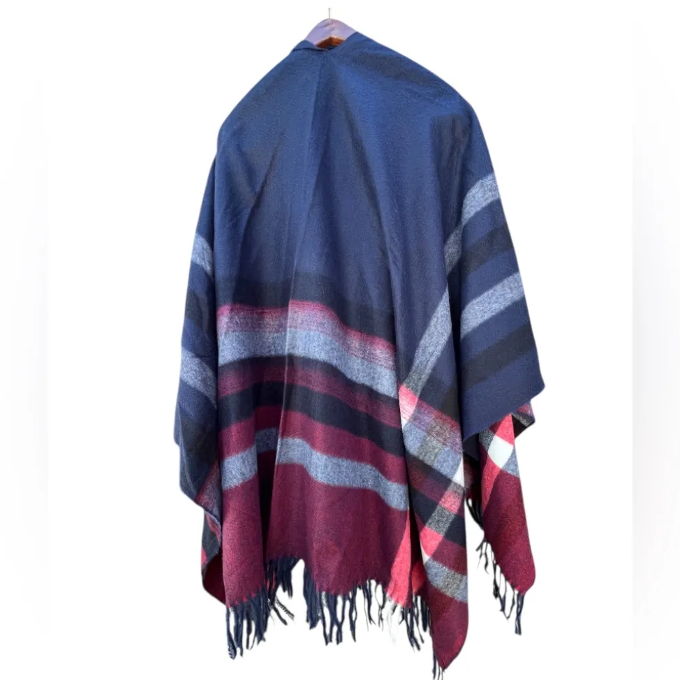 Kollie More Women's Boucle Wrap Shawl Navy Blue Red Plaid‎ Soft Fringe One Size Size undefined - Image 9