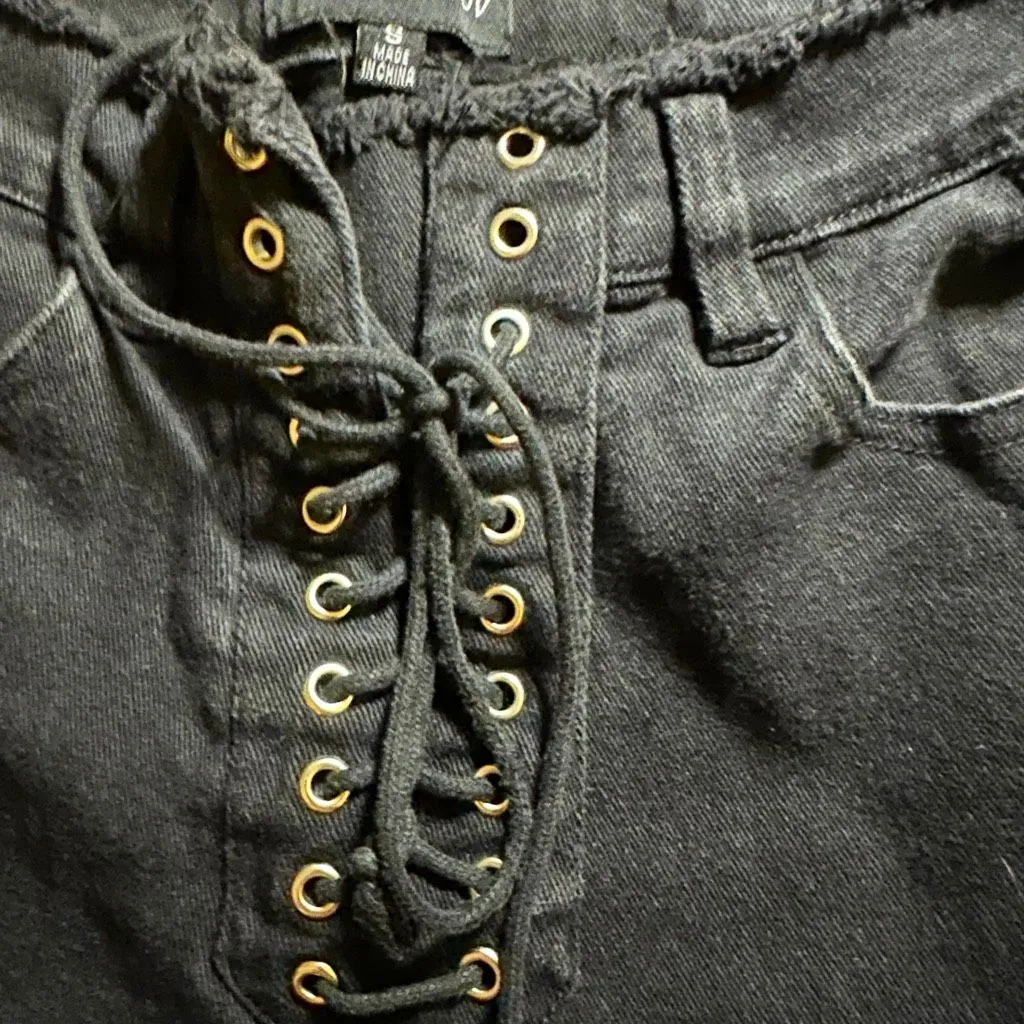 Dolls Kill Current Mood Stitch Lace-Up Patchwork Jeans black stretch denim s - Image 8