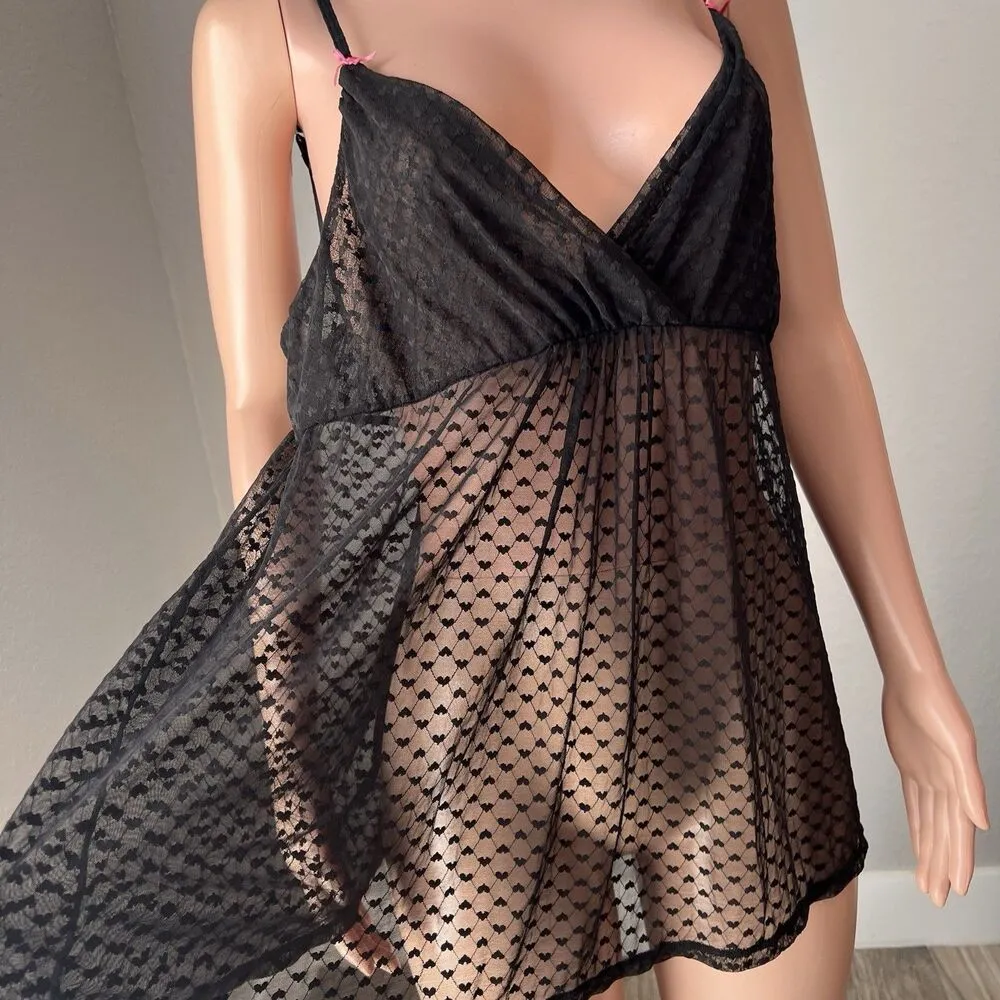AMBRIELLE Fairy Babydoll Y2K Hearts Cami Slip Top Night Gown Lace Trim Sz XL #31 Black - Image 3