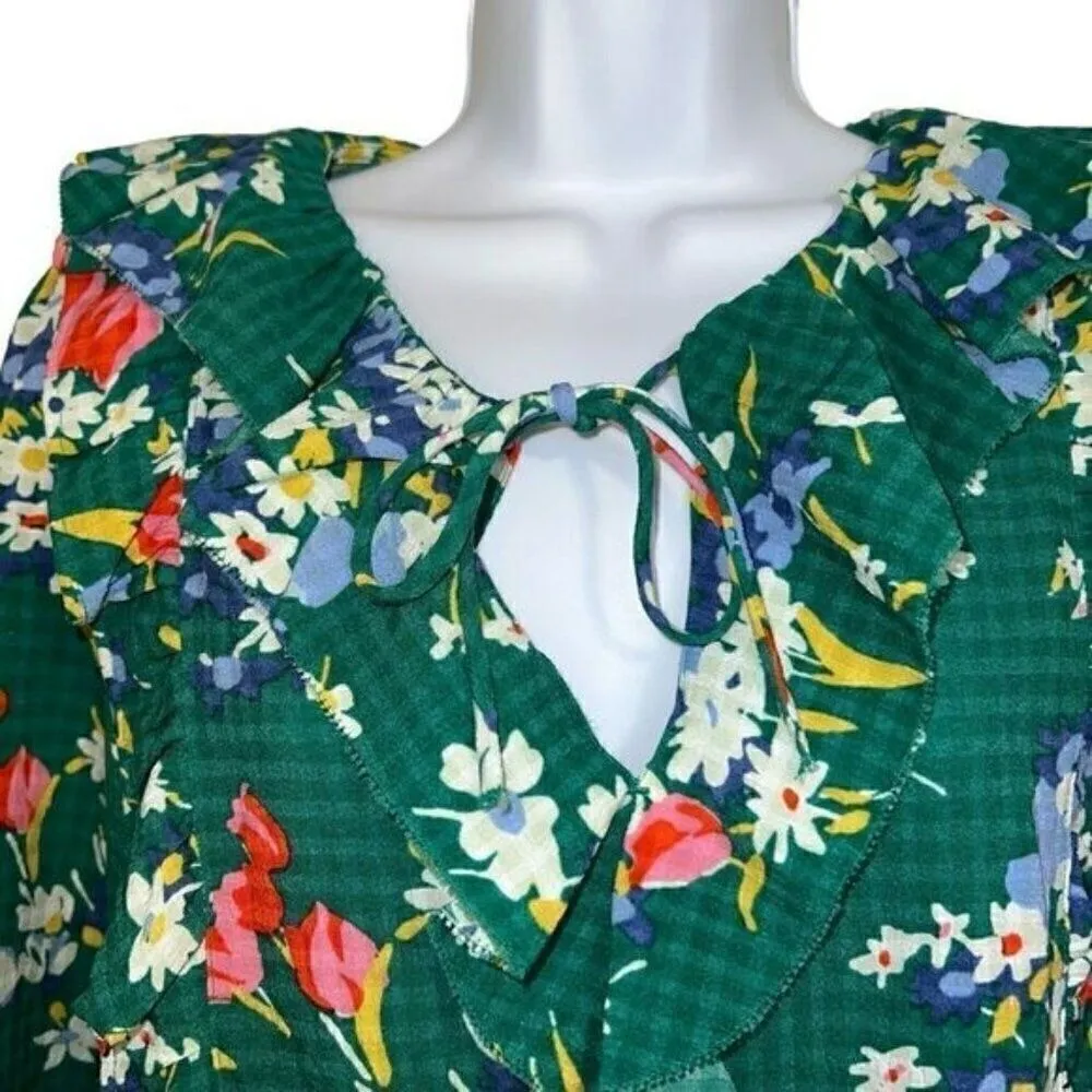 LOFT Green Floral Bouquet  Ruffle Trim‎ Tie Neck Blouse L/S NWOT Size Small - Image 3