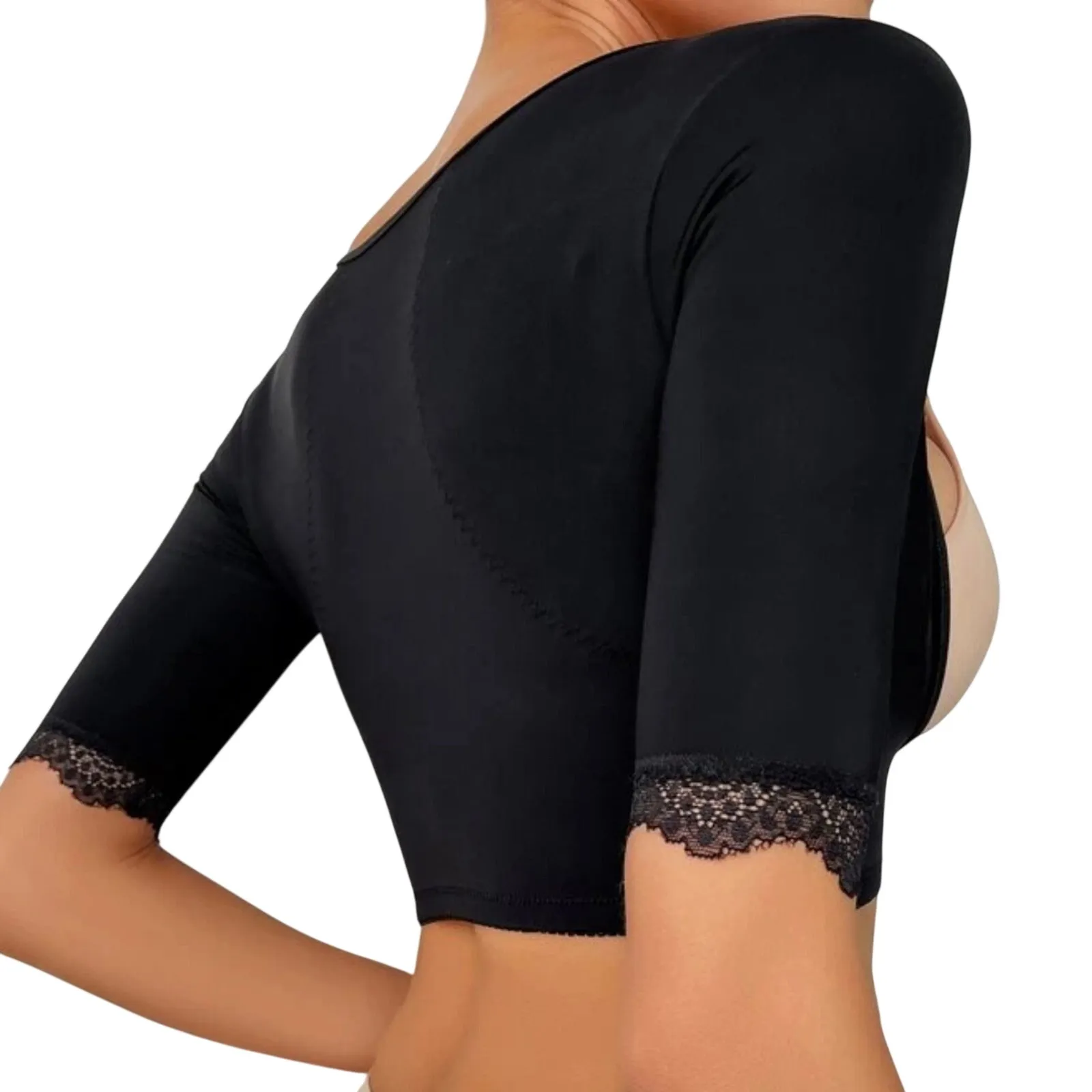 Buckle Front Lace Trim Shapewear Arm Slimming Top in Black, Size M - Image 2