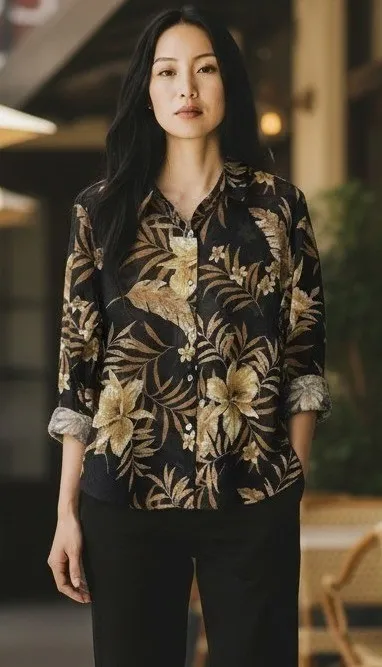 Alfred Dunner 14 Plus Floral Tropical Sheer Black & Brown Buttoned Work Beachy - Image 1