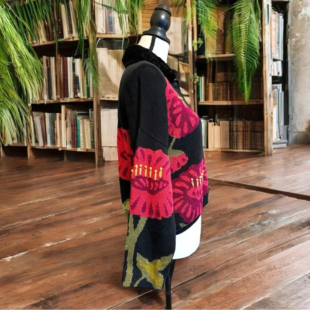 PERUVIAN CONNECTION Floral Knit Cardigan Sweater - XL - Image 2