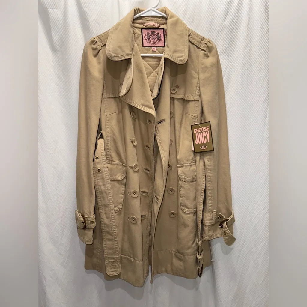 NEW Y2K Vintage Juicy Couture Cotton Double-Breasted Tan Beige Small Trench Coat - Image 5