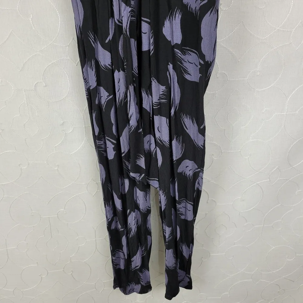 Leith Womens Jumpsuit XS Black Blue Feather Print Sleeveless Faux Wrap Tie Belt - Image 3