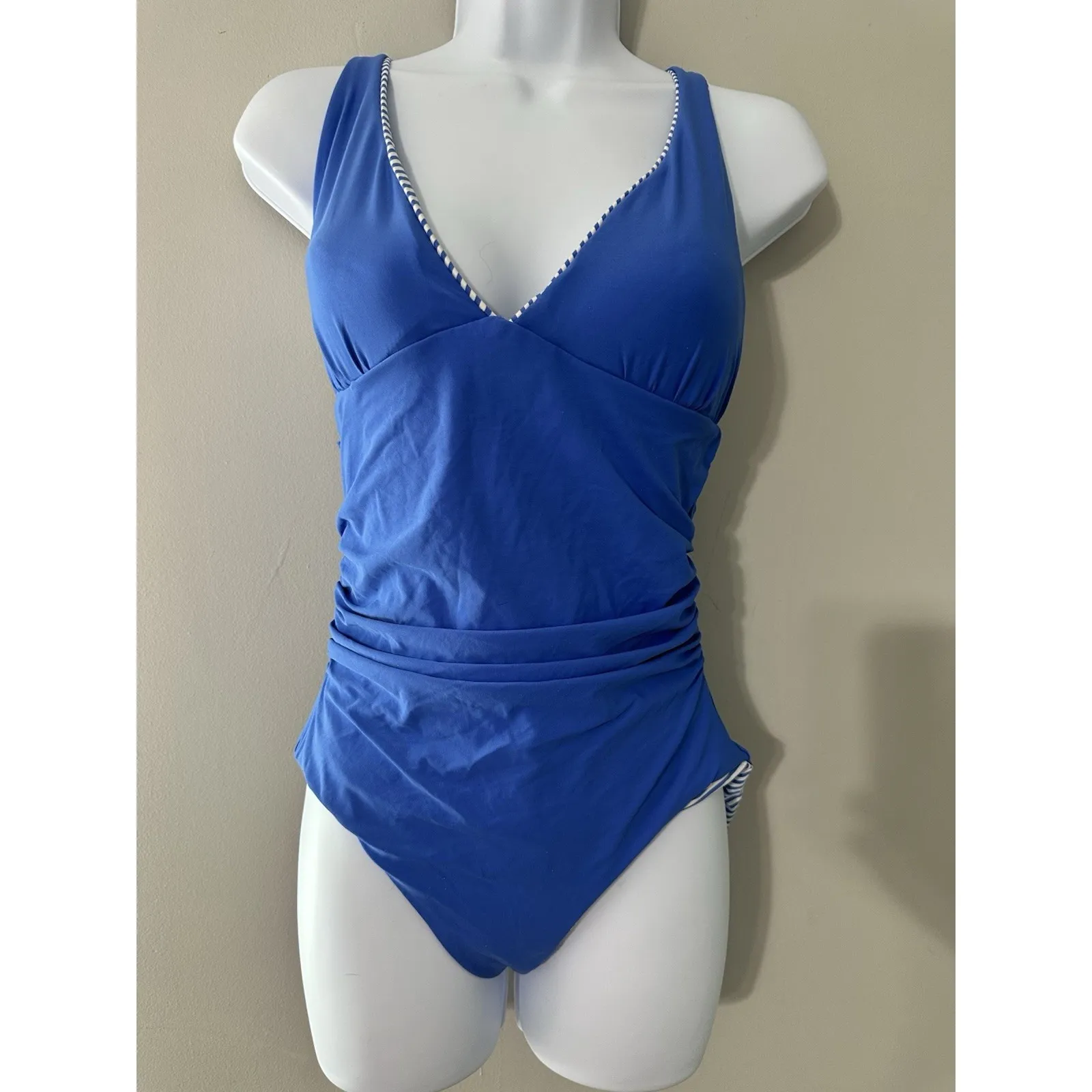 Niptuck Striped One Piece Reversible Swimsuit Crisscross Back Ruched Blue White - Image 4