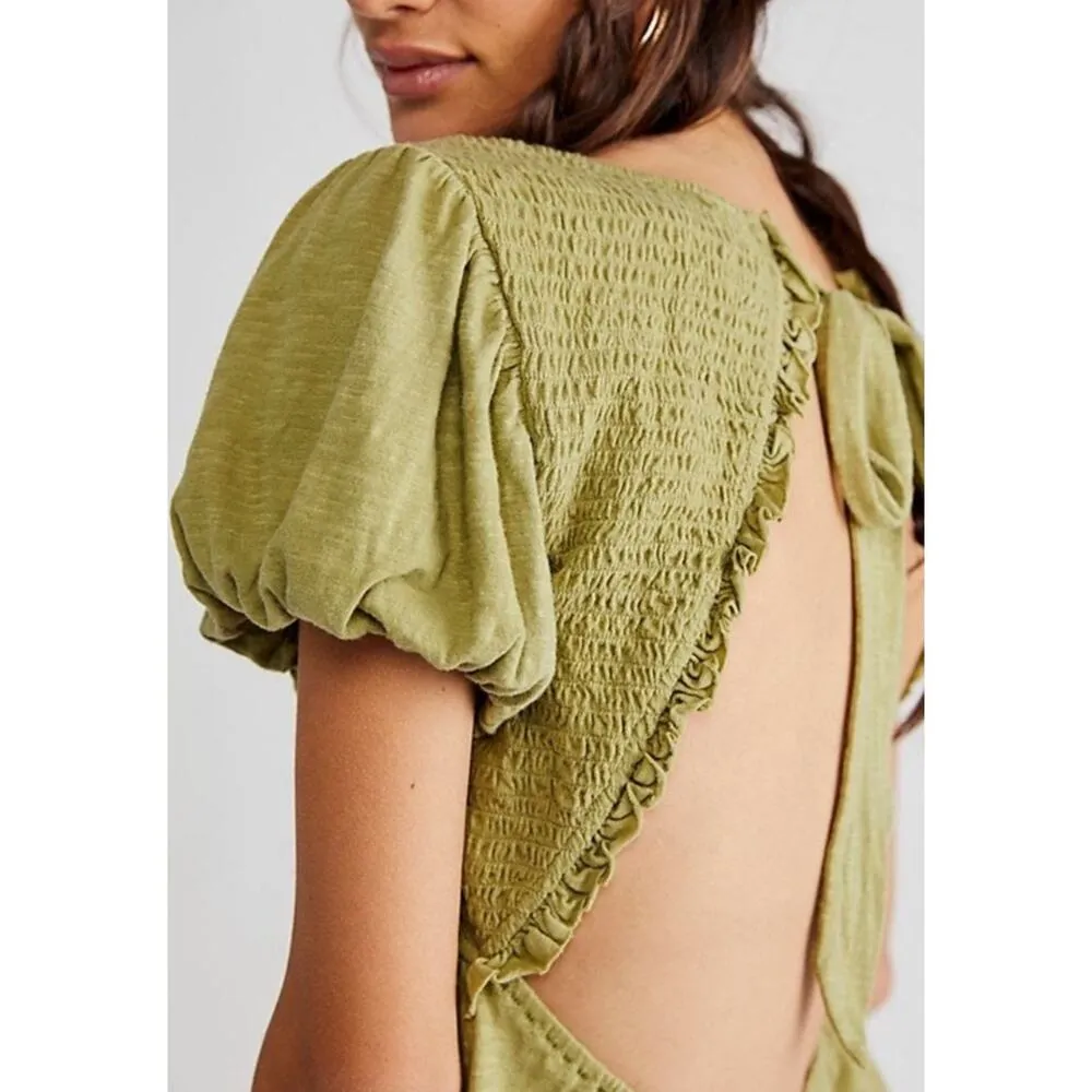 FREE PEOPLE Women’s Charolette Puff Sleeve Peplum Green Knit Top - Image 3