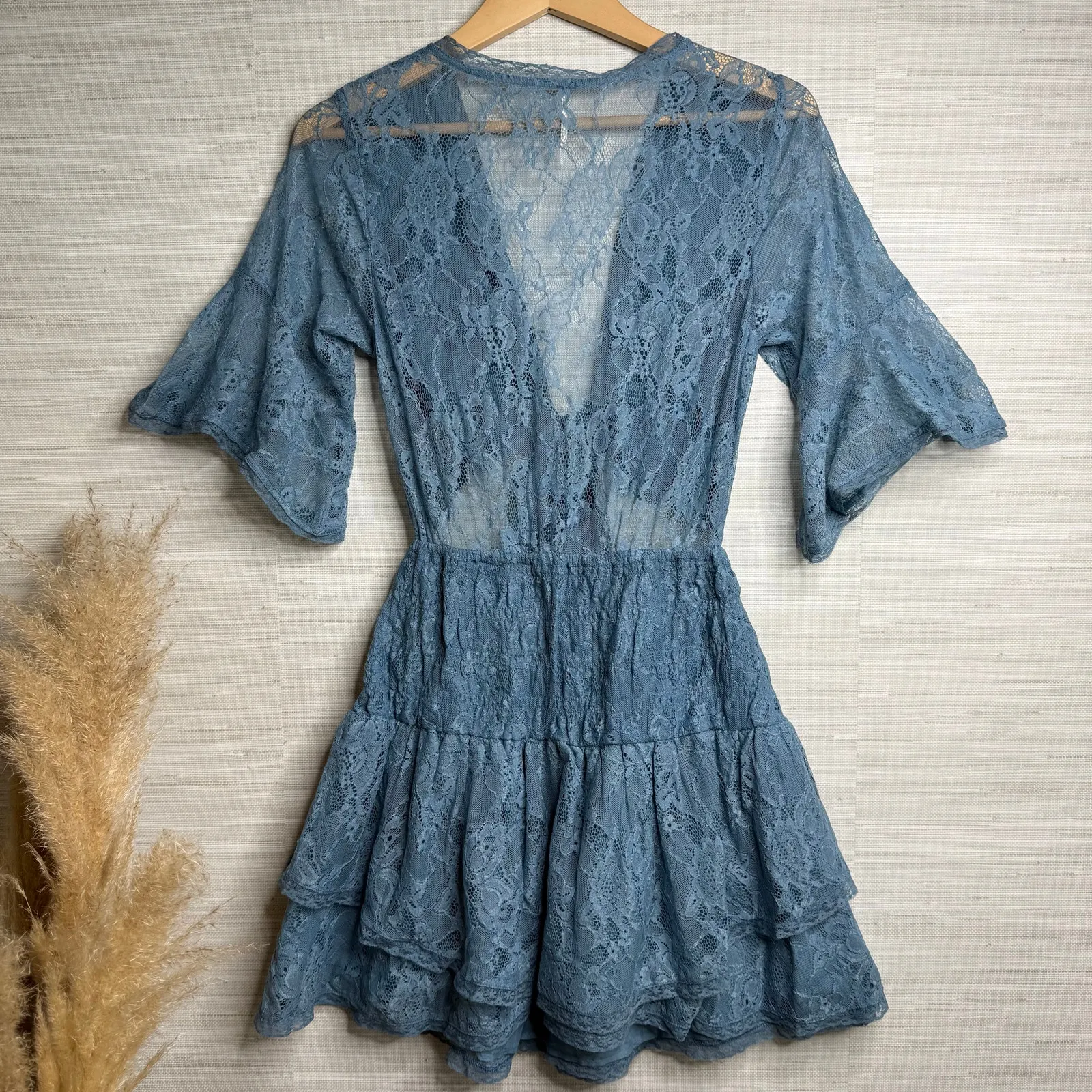 Free People mini dress floral lace cutout ruffled tiered sheer mesh boho Small - Image 4