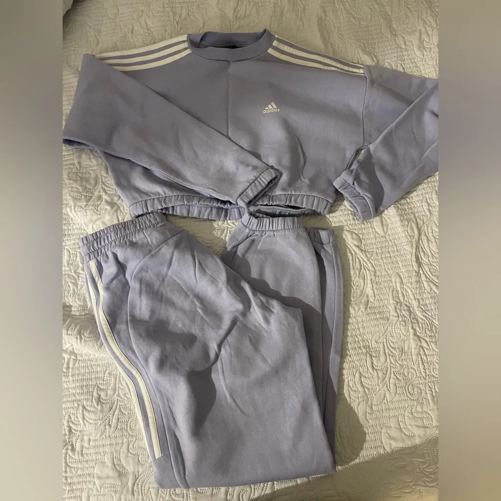 ADIDAS ESSENTIALS 3 STRIPES LAVENDER WHITE CREW CROP SWEATSUIT S Purple - Image 7