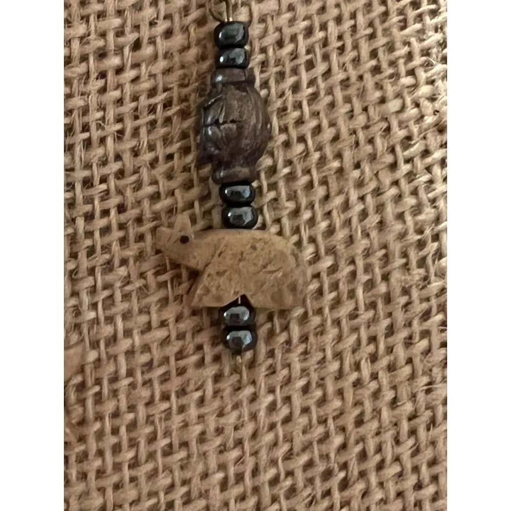 Vintage Native American Bear Dangle Earrings Stone Hematite Hook - Image 2