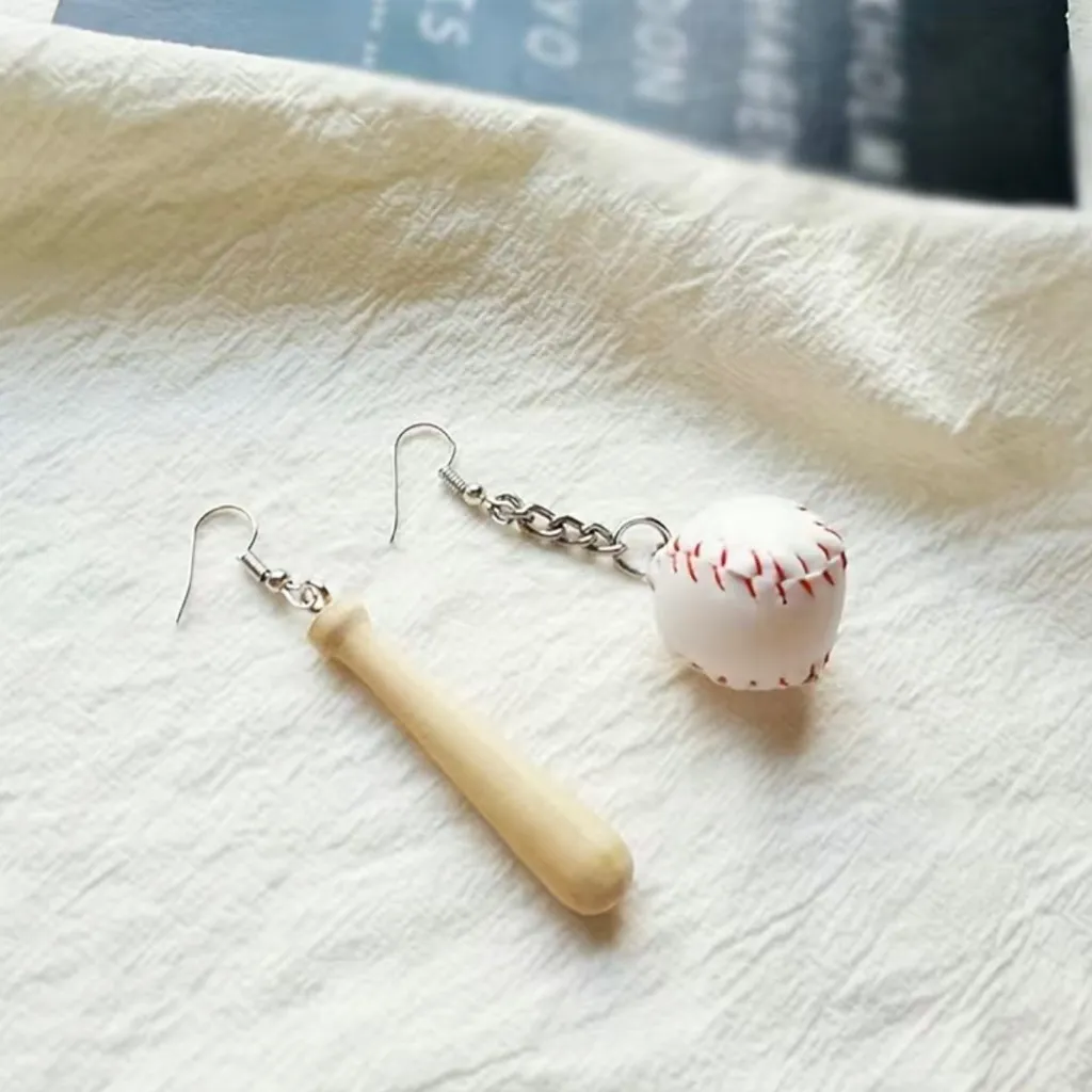 Pair of Bat & Baseball drop dangle earrings faux fashion‎ jewelry White - Image 3