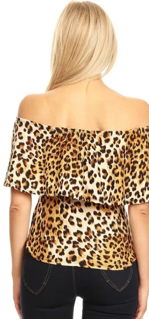 Women’s Animal Print Off the Shoulder Blouse Sz M - Image 3