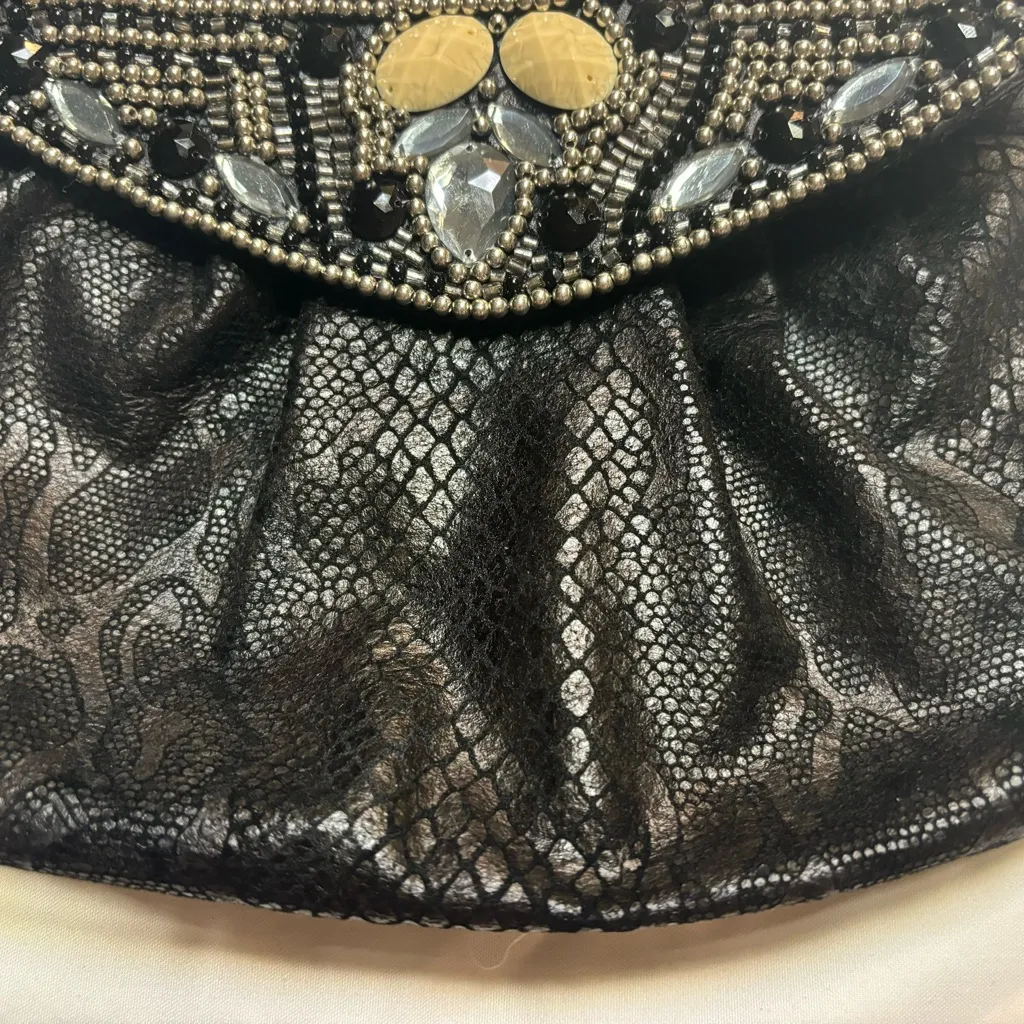 Chico’s Black Faux Leather/Suede Snakeskin Shoulder Bag Bead & Jewel Embellished - Image 3