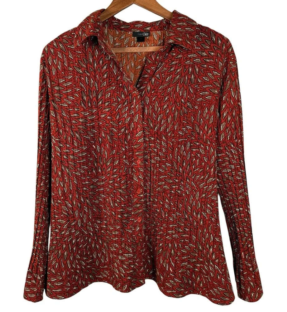 East 5th PETITE Orange Leaf Print Button Front Pleated Long Flare Sleeve Top 1X - Image 1