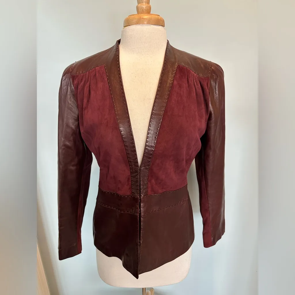Roberto Cavalli Burgandy Maroon Leather Suede detailed stitching vintage jacket - Image 11