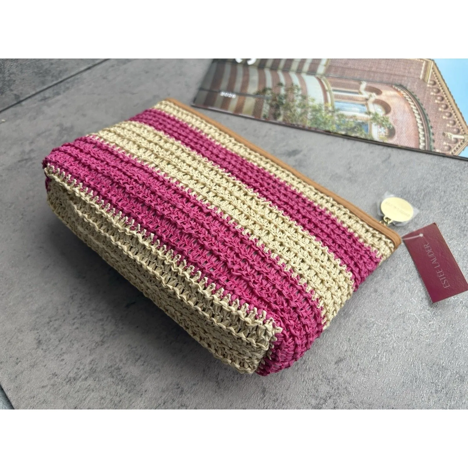 Estée Lauder Makeup Cosmetic Bag Rattan Pouch Skincare Pouch Tan - Image 2