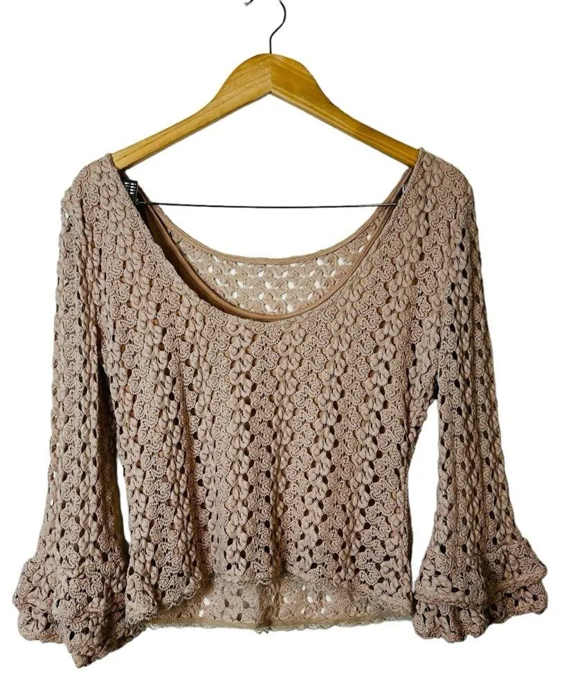 Free People Cream Crochet Bell Sleeve Boho Top Size Small - Image 10