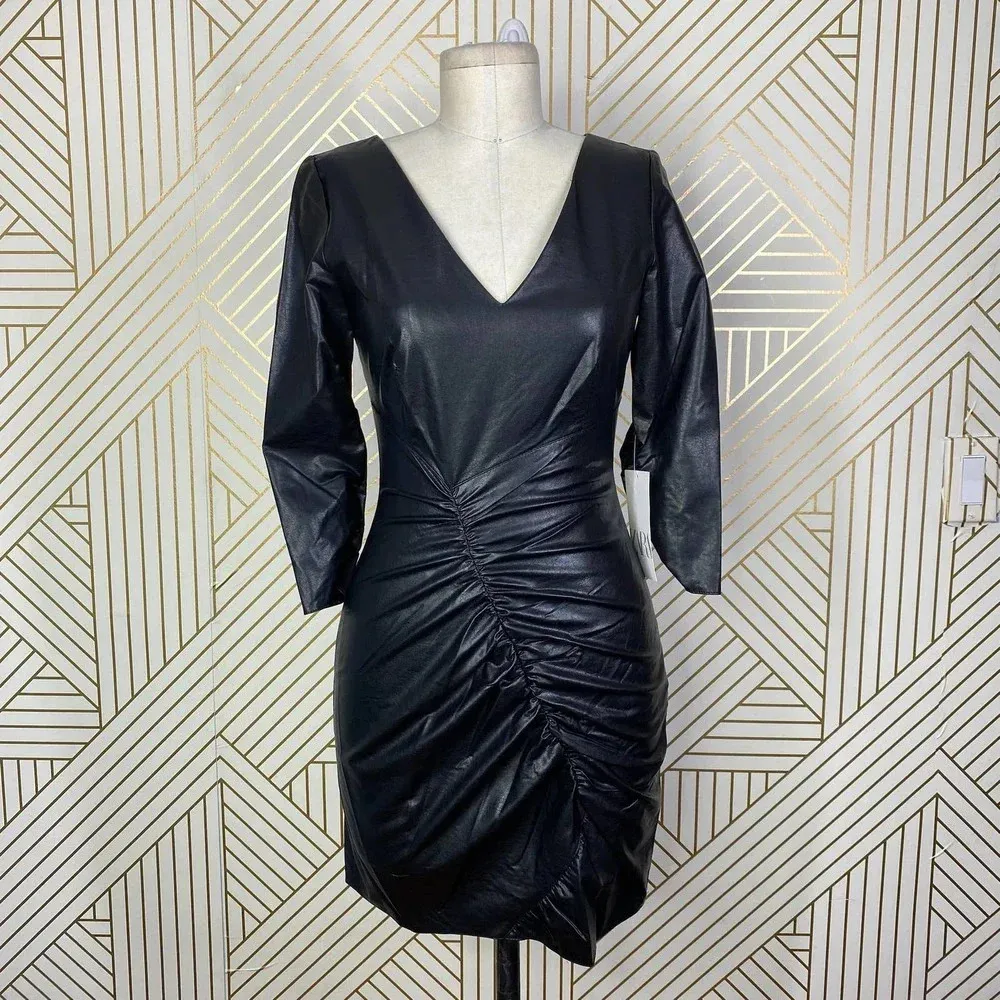 Zara Dress Faux Leather Ruched Draped V-Neck Mini Black Size US XS‎ - Image 6